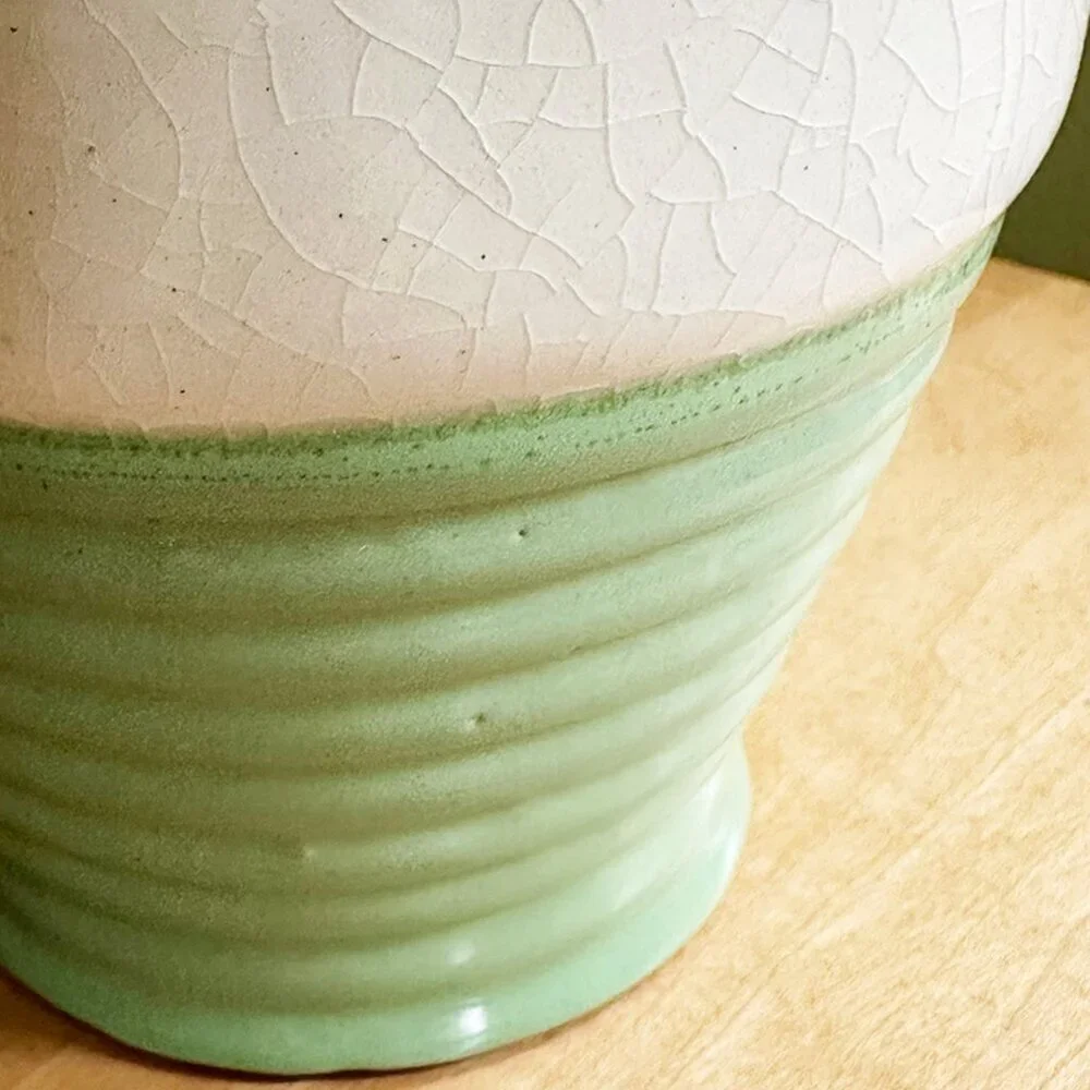 Vintage Green & White Crackle Ribbed Art Jug